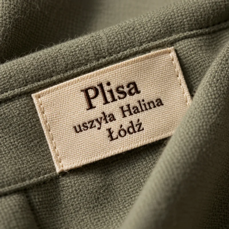 Tkana metka „Plisa, uszyła Halina, Łódź” wszyta w szałwiową wełnę